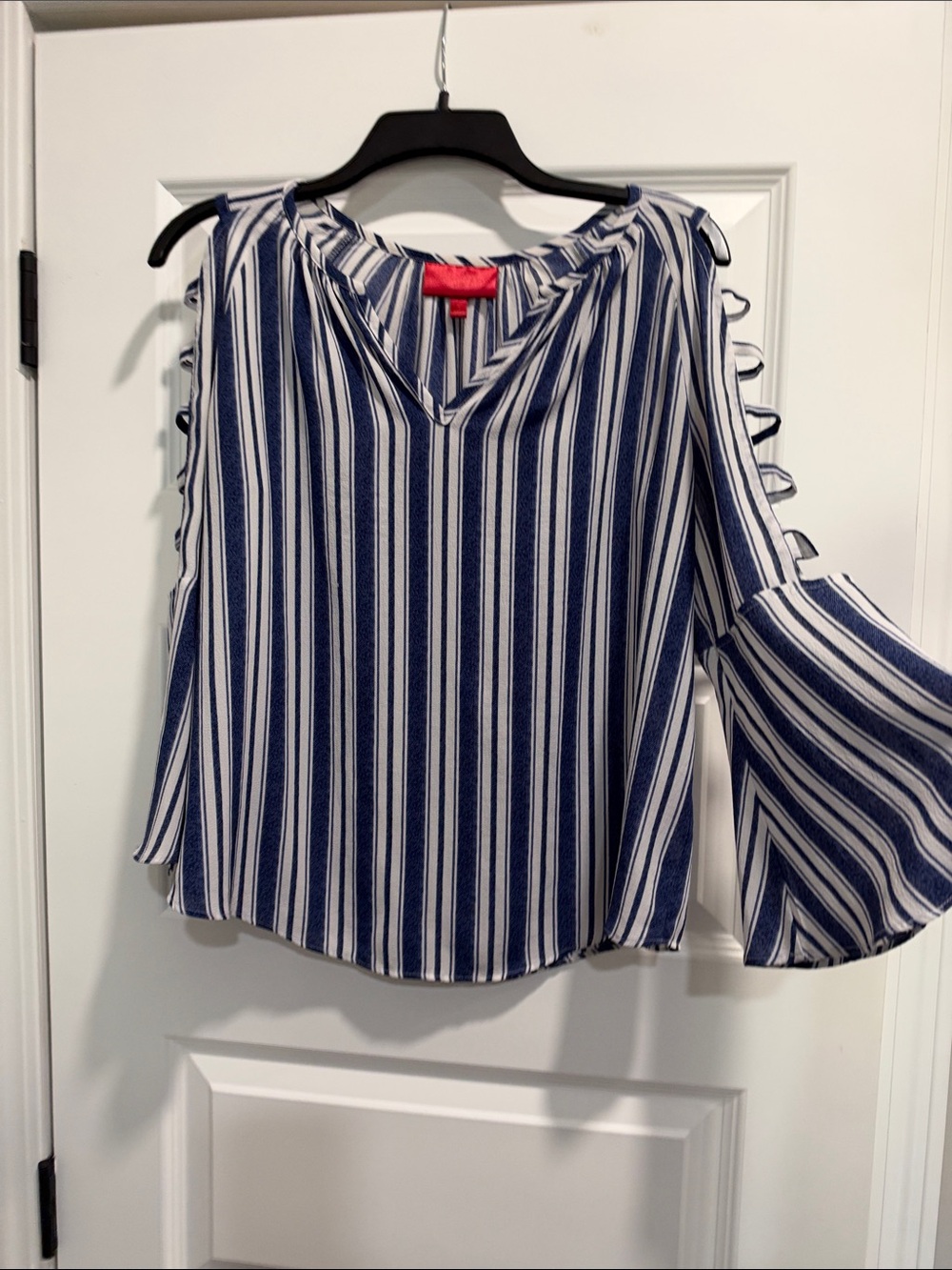 Jennifer Lopez Navy and White Striped Cold-Shoulder Blouse